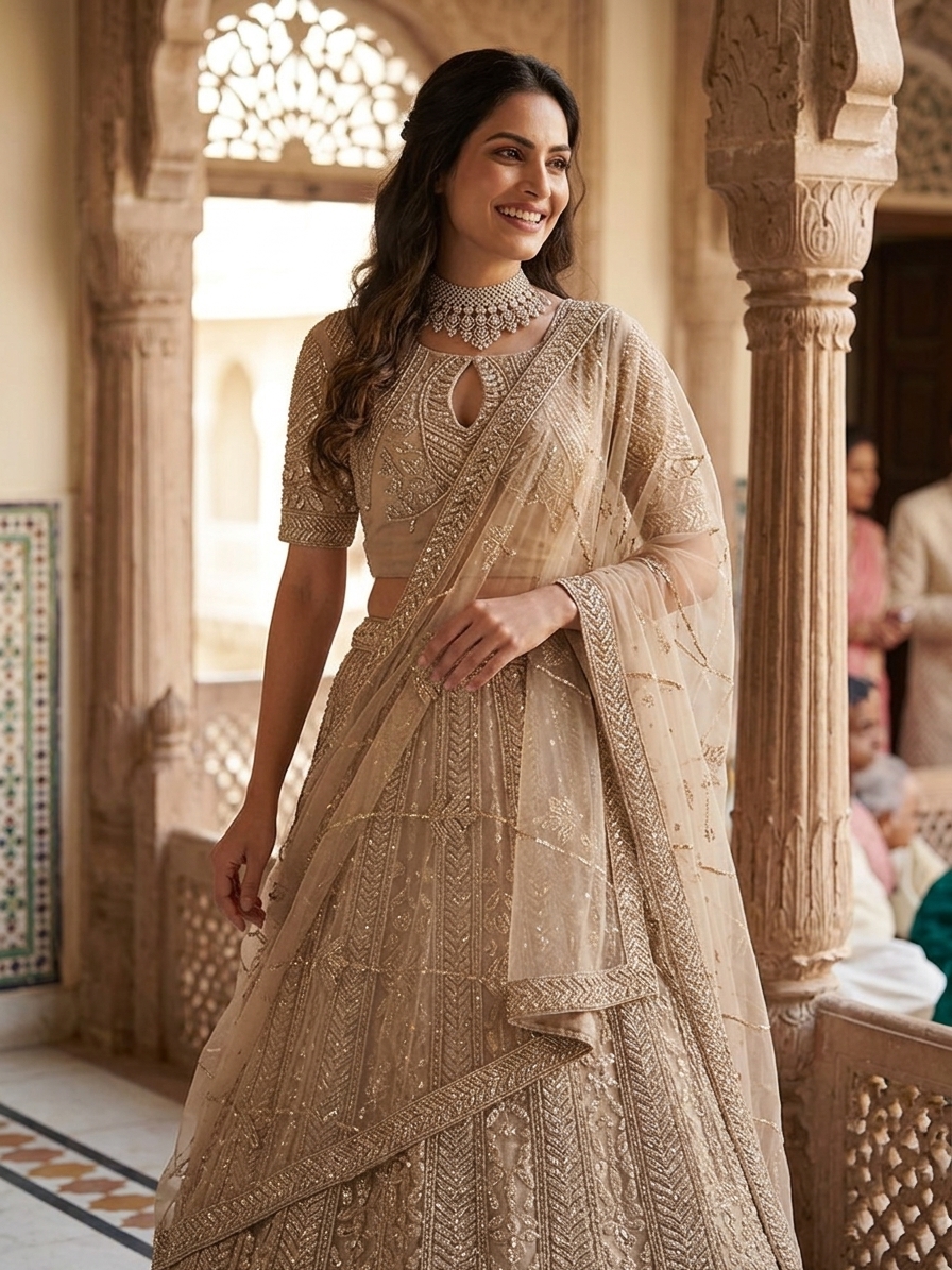 Beige Embellished Bridal Net Lehenga Set