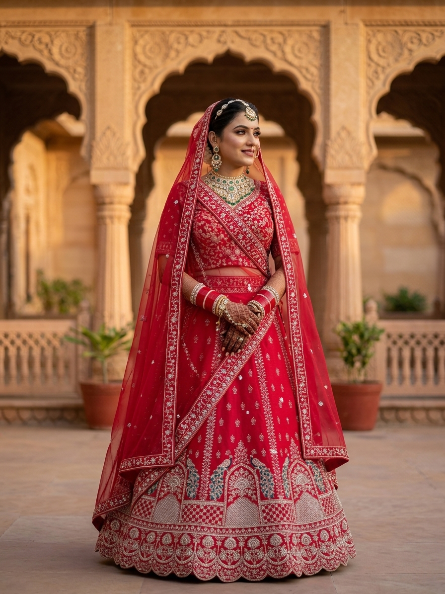 Bridal Lehnga — Indian bride wearing it · Palace courtyard