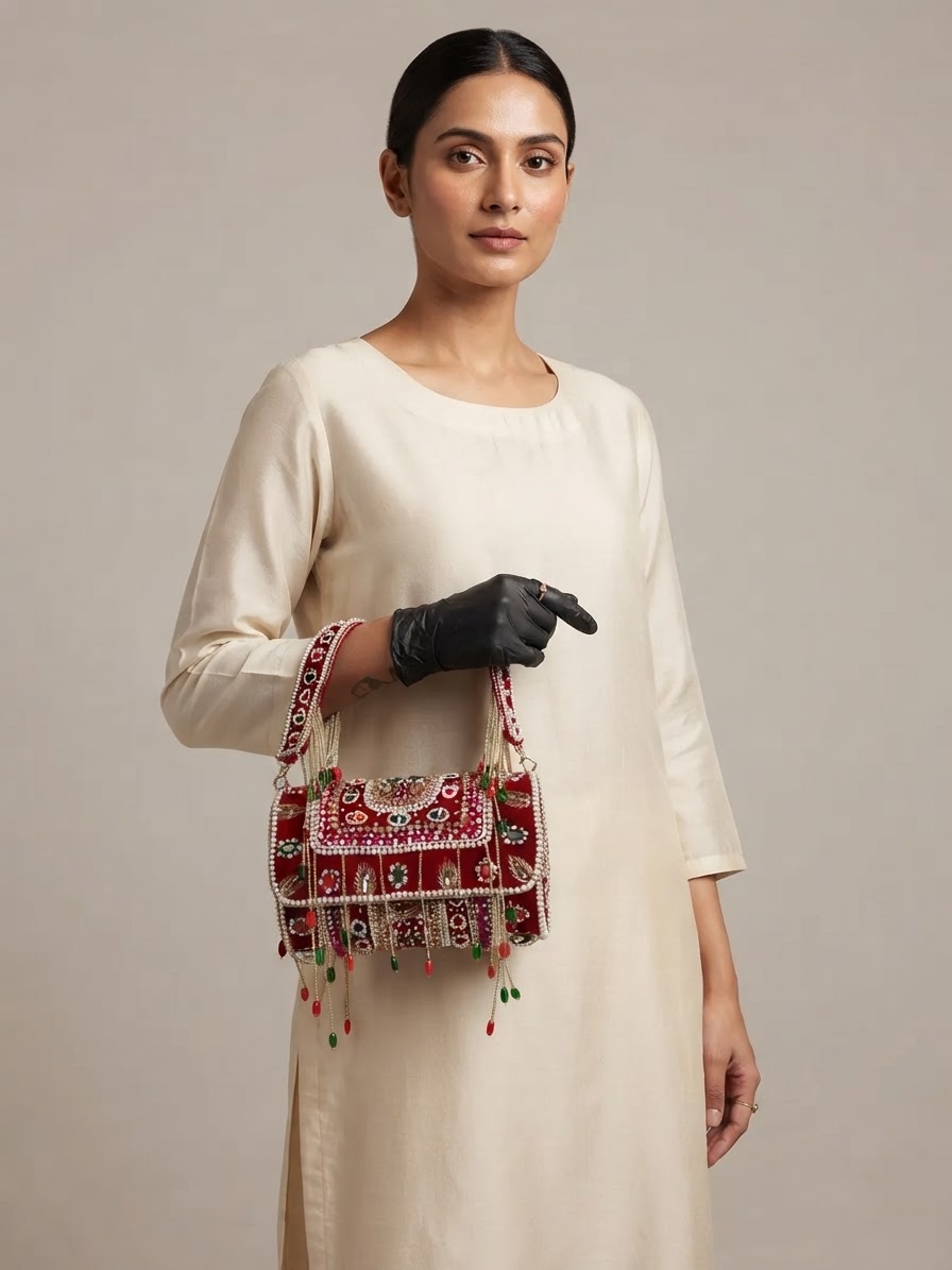 Red Velvet Embellished Flap Handbag