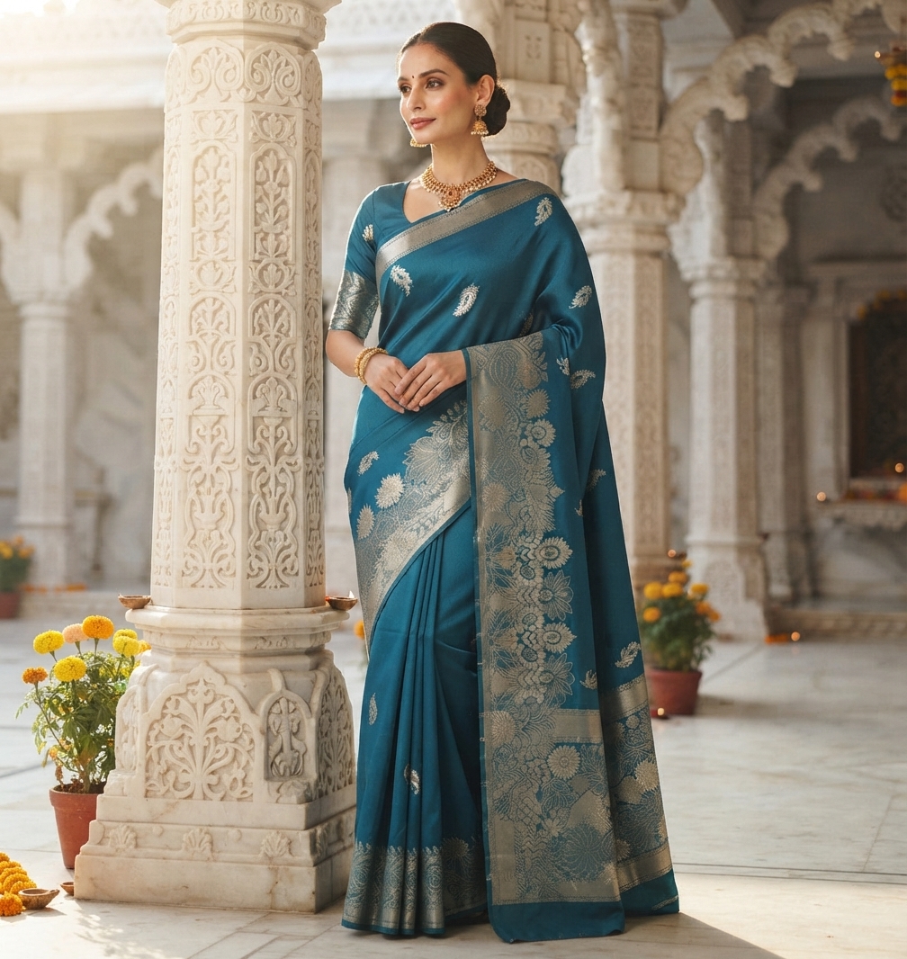 Festive woman wearing it · Temple courtyard (marble)