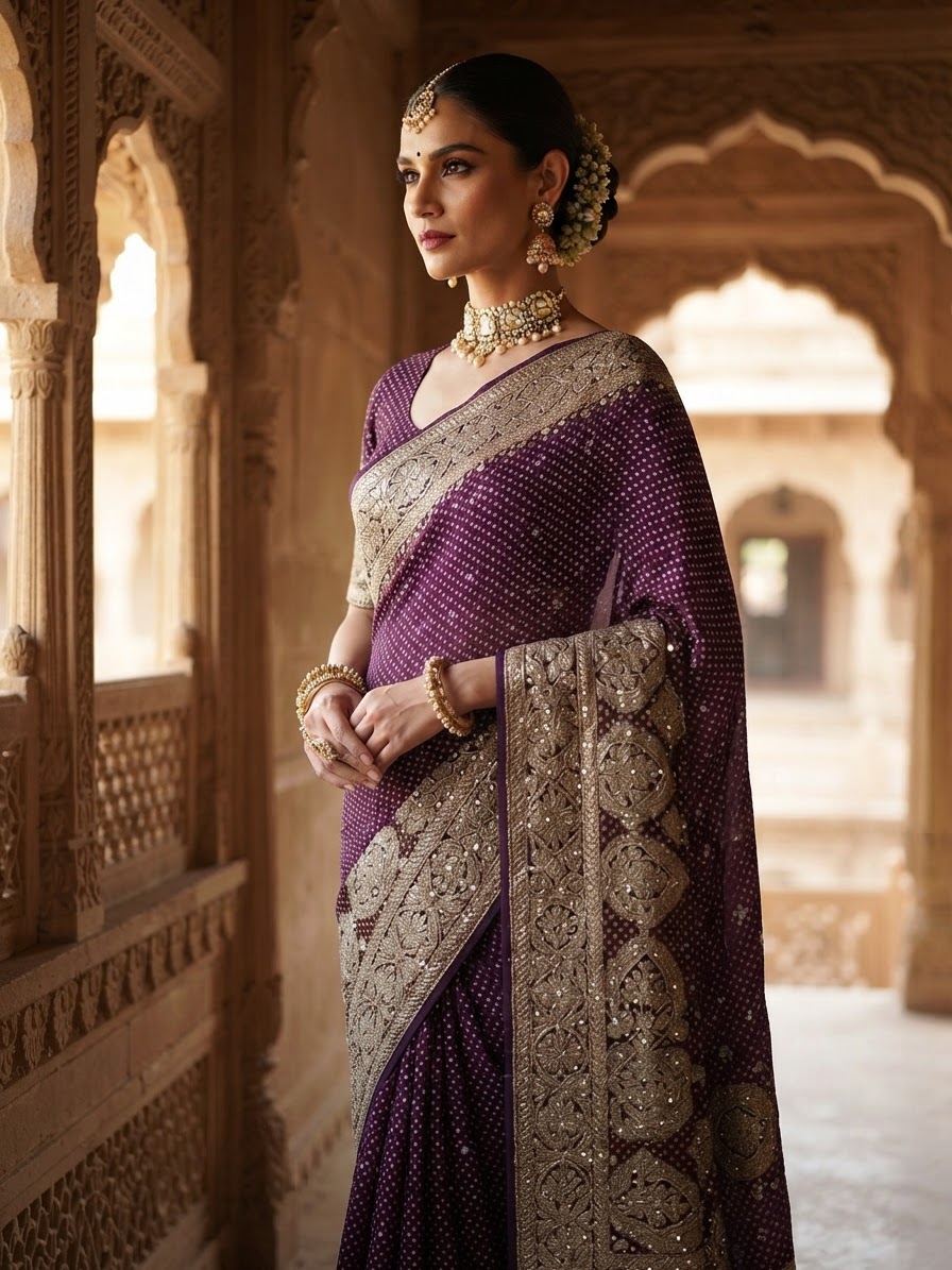 Purple Pure Georgette Bandhani Saree with Zardosi Border