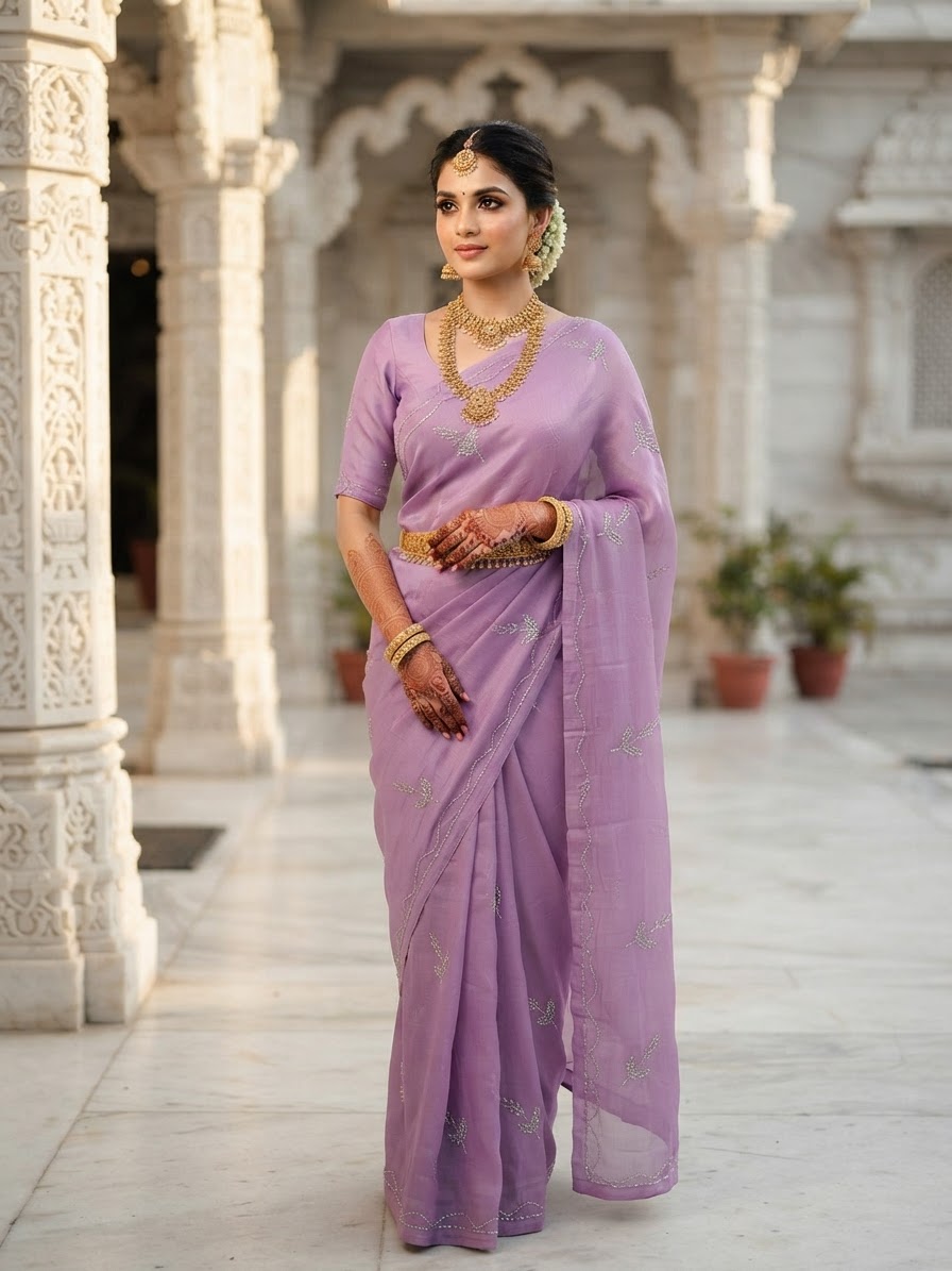 Lavender Chiffon Saree with Cutdana Embroidery