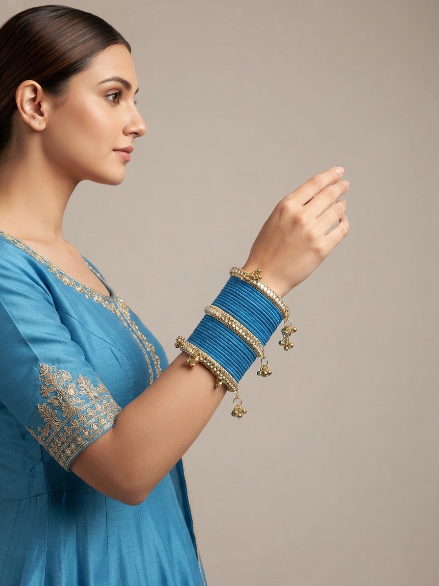 Sky Blue Velvet Bangle Set with Gold Details