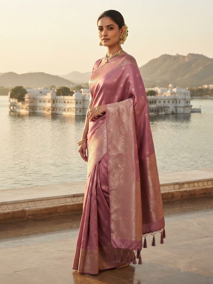 Dusty Pink Banarasi Silk Saree with Intricate Zari Weave
