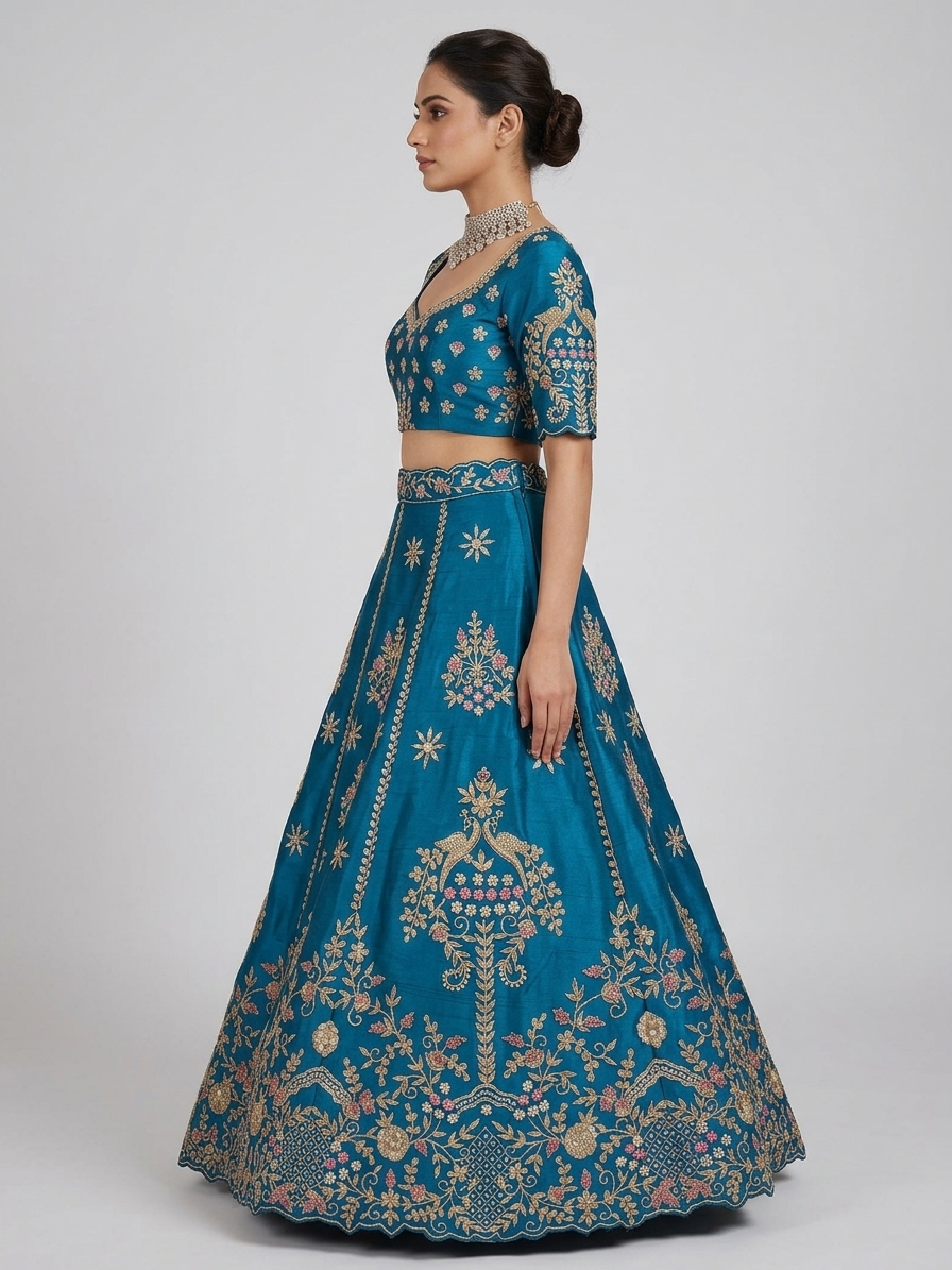 Blue Raw Silk Bridal Lehenga Set with Aari, Zardozi & Pearl Work