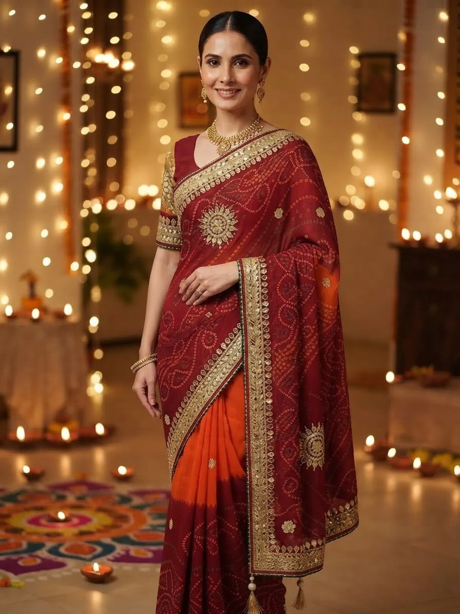 Maroon & Orange Bandhani Georgette Saree