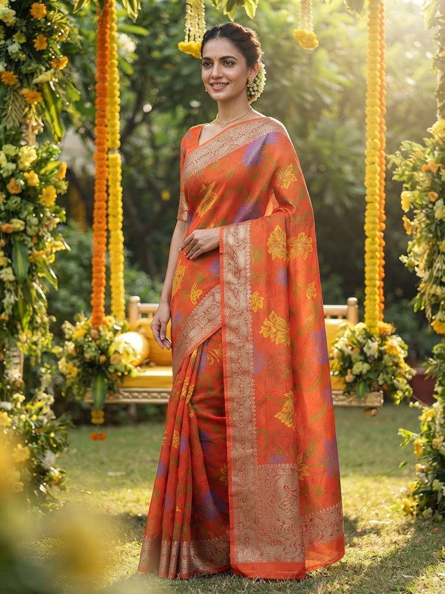 Orange Floral Printed Chinon Silk Saree
