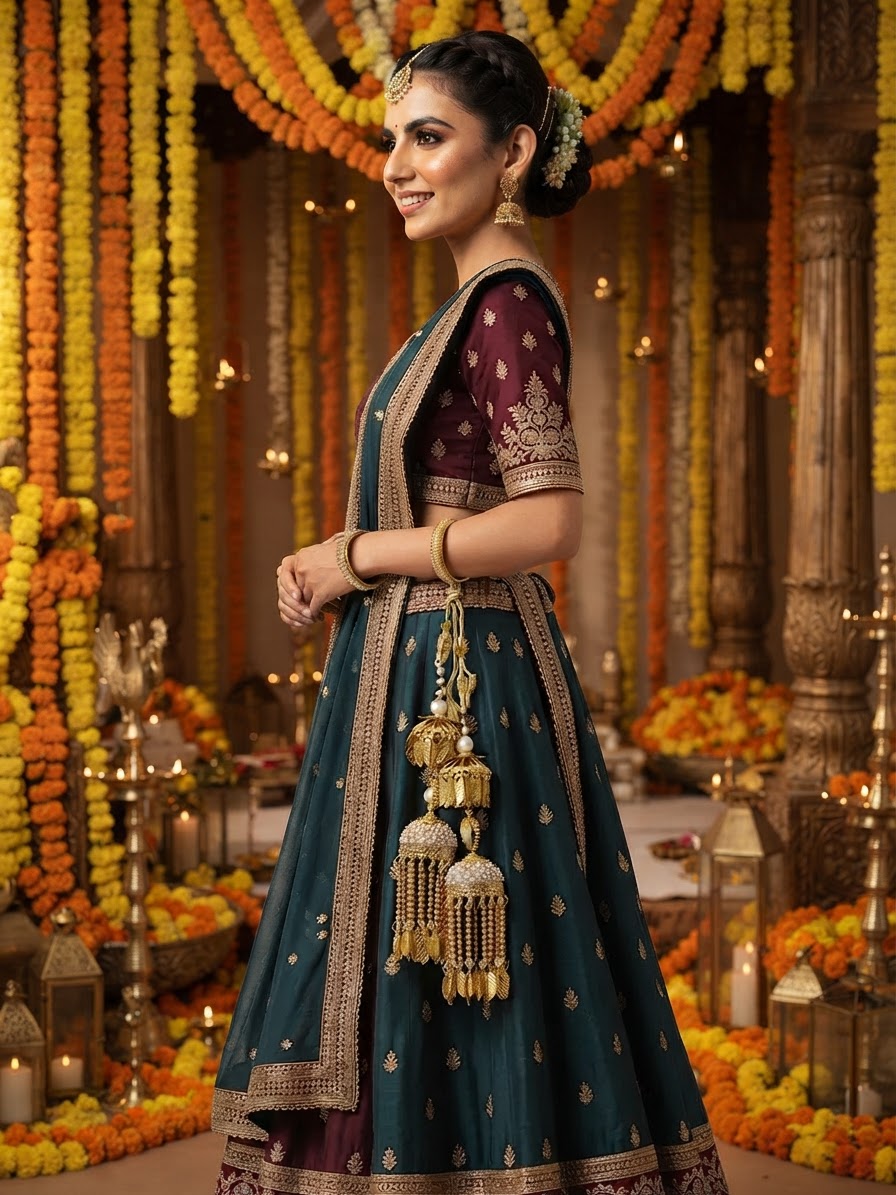 Gold Tone Bridal Kaleera with Tiered Bell Charms and Stone Accents