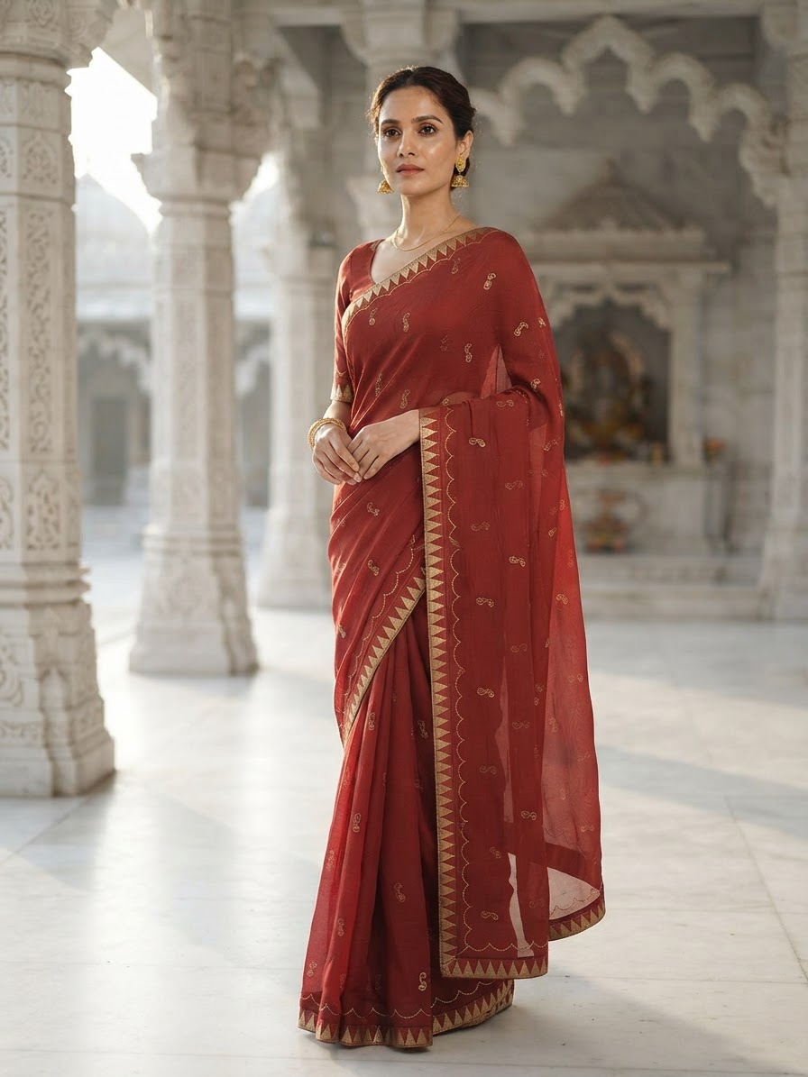 Rust Red Chiffon Saree with Zari and Sequin Work