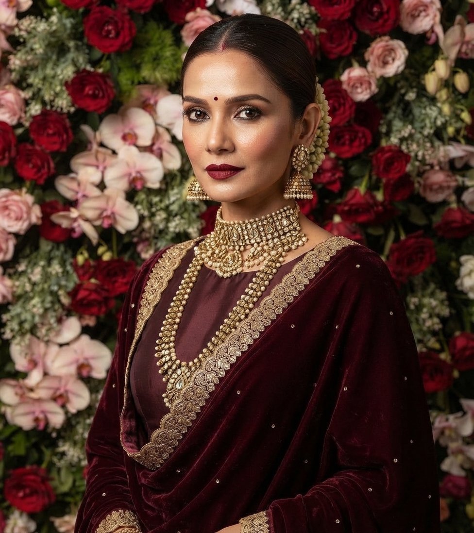 Deep Maroon Velvet Shawl With Gold Scalloped Lacework Border