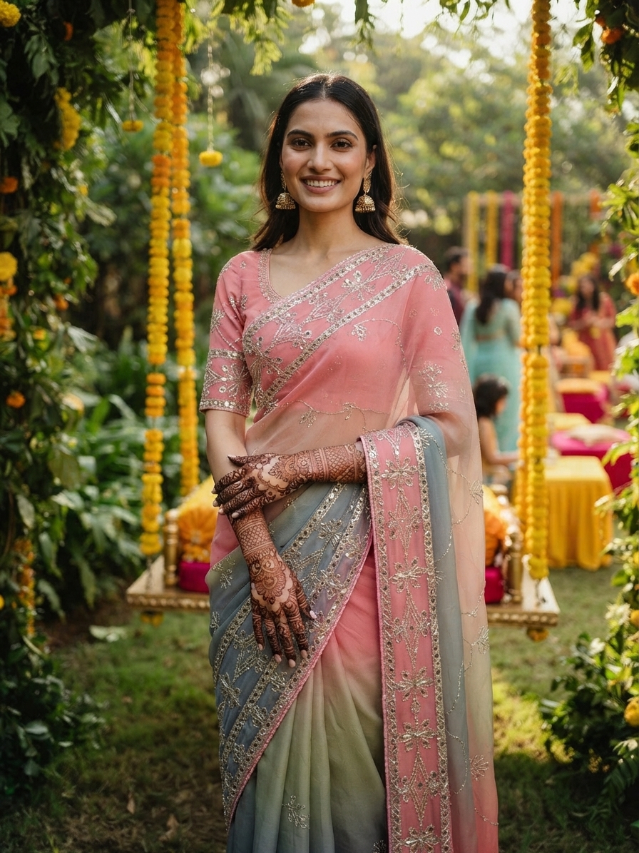 Bandhani Saree — Mehendi ceremony · Mehendi garden