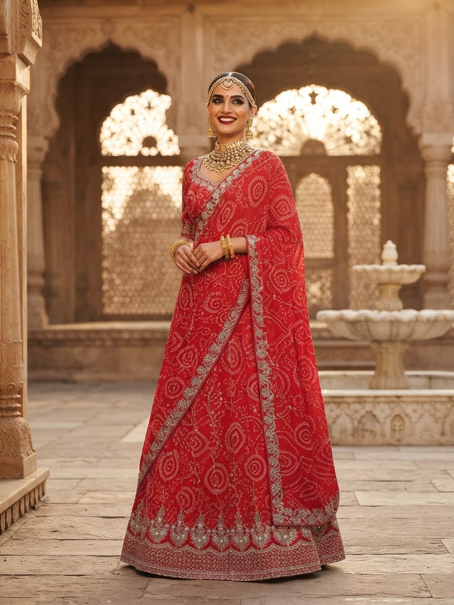 Red Bandhani Georgette Lehenga Set