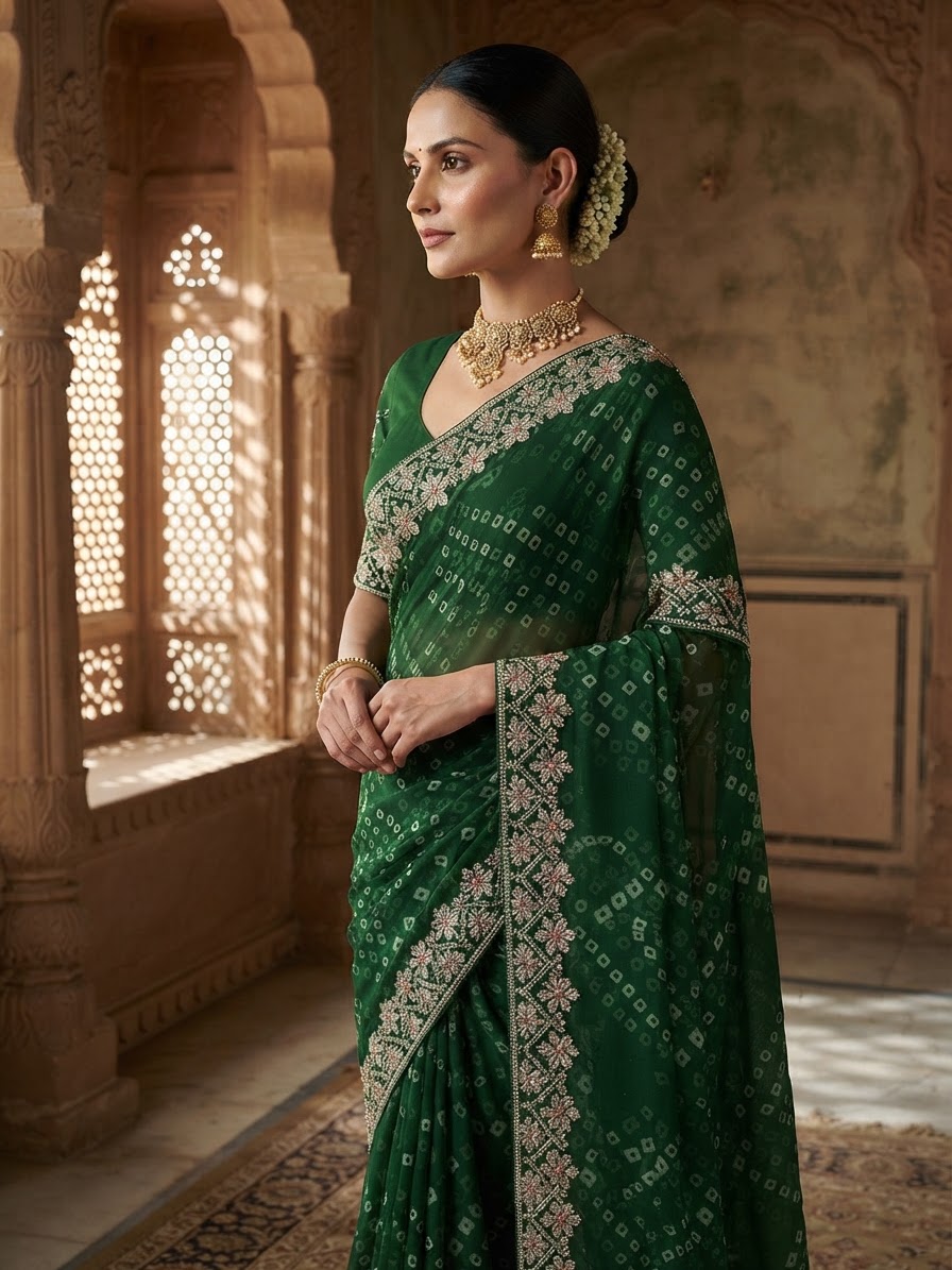 A hand-worked bandhani saree