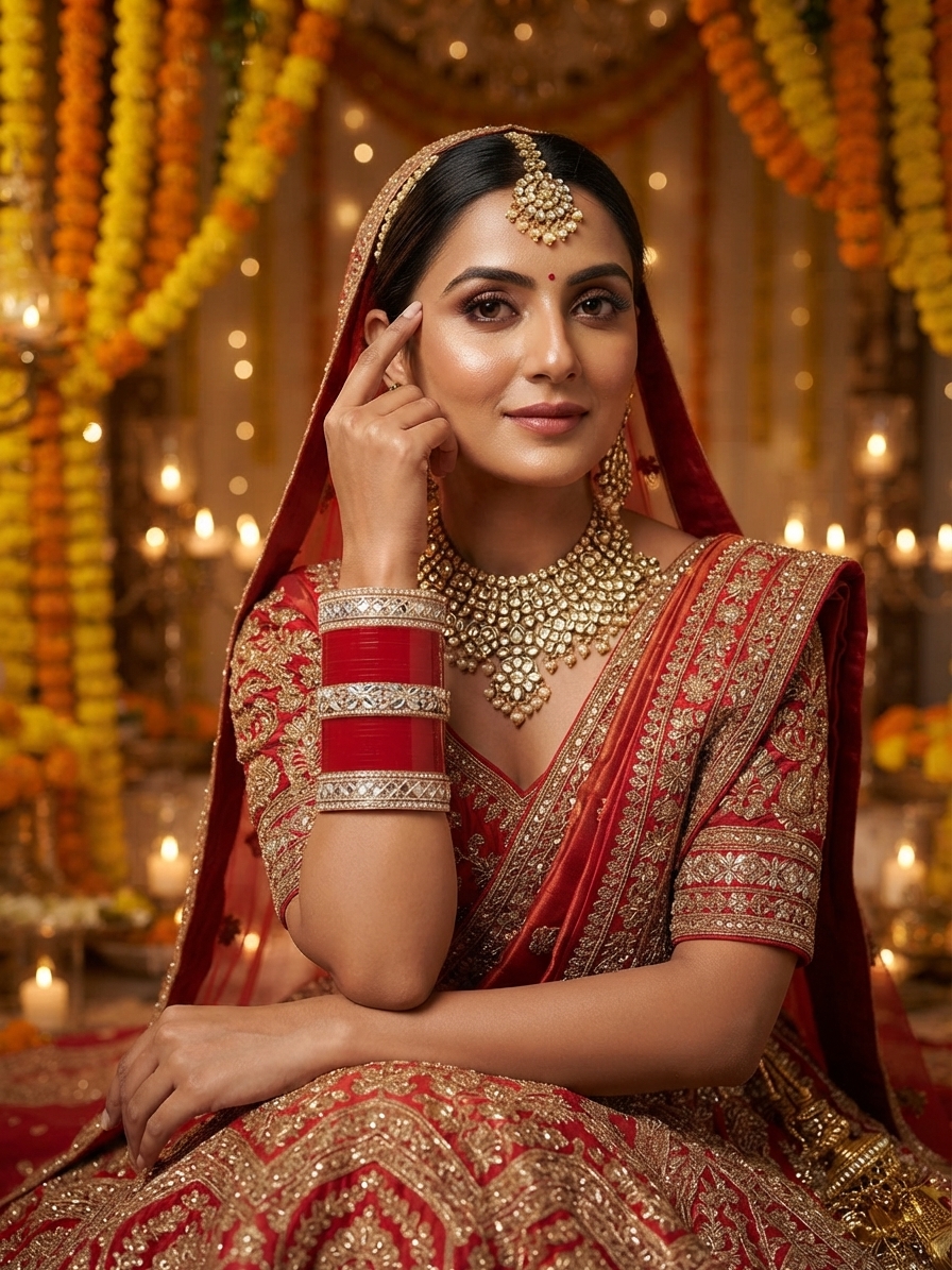 Vibrant Red Seep Chura with Inlaid Stones and Pearl Accents