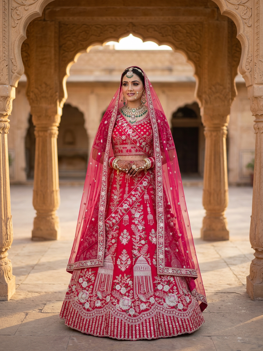 Rani Pink Bridal Lehenga Set with Pearl and Cutdana Work
