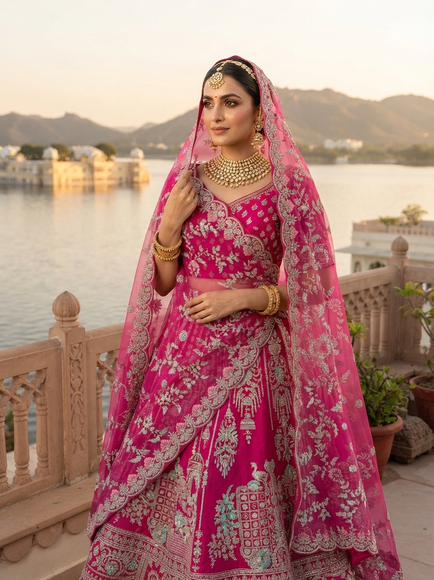 Rani Pink Zardozi Bridal Lehenga with Scalloped Border