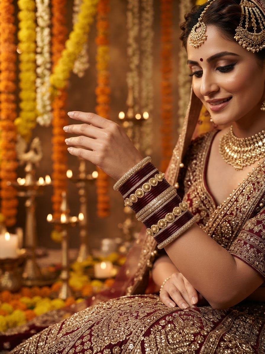 Maroon Lakh Chura Bangle Set with Pearl-Centered Floral Motifs