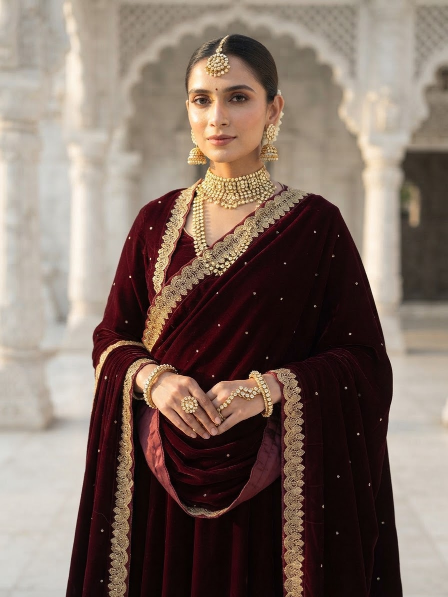 Maroon Velvet Shawl with Kundan and Lace Border