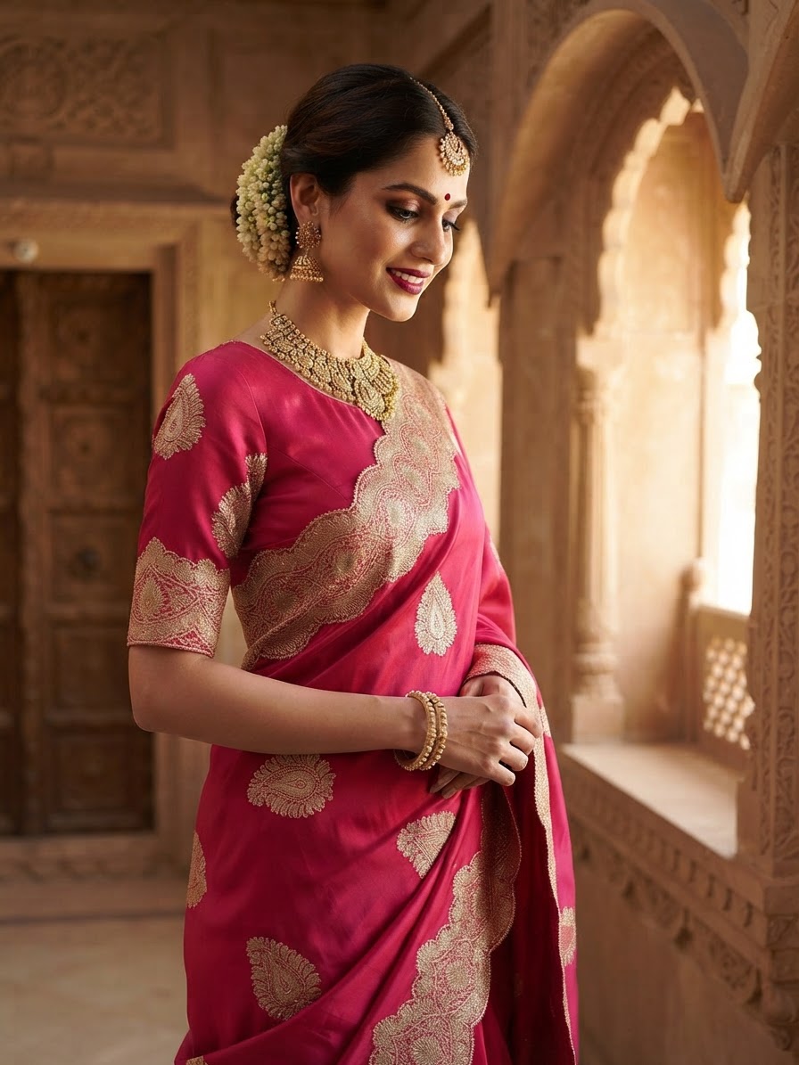 Pink Banarasi Silk Saree with Zari Work