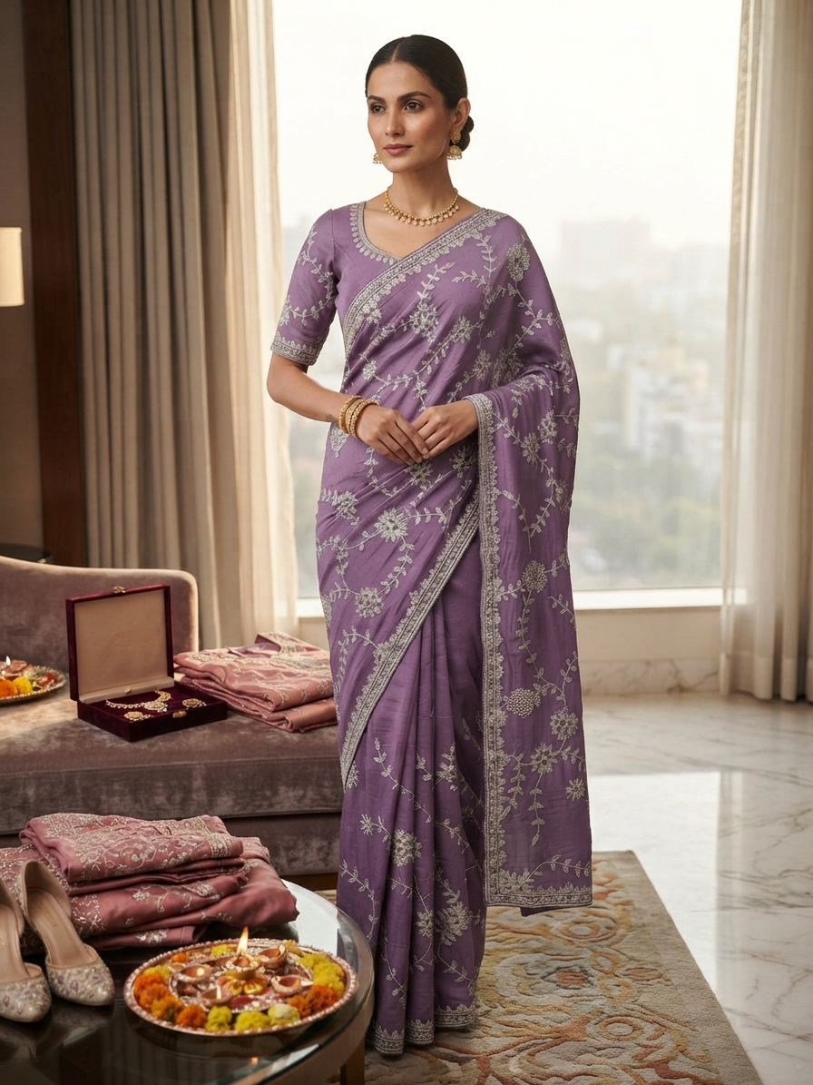 Lavender Tissue Saree with Delicate Resham Embroidery