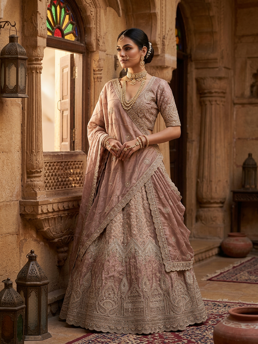 Mauve Banarasi Silk Bridal Lehenga Set