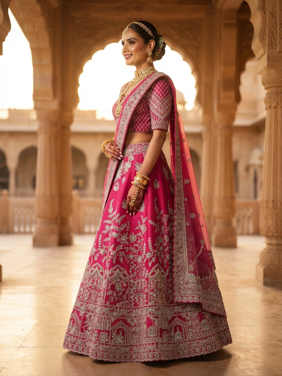 Bridal Lehnga - Roshan Zari - 1 — Indian bride wearing it · Palace courtyard