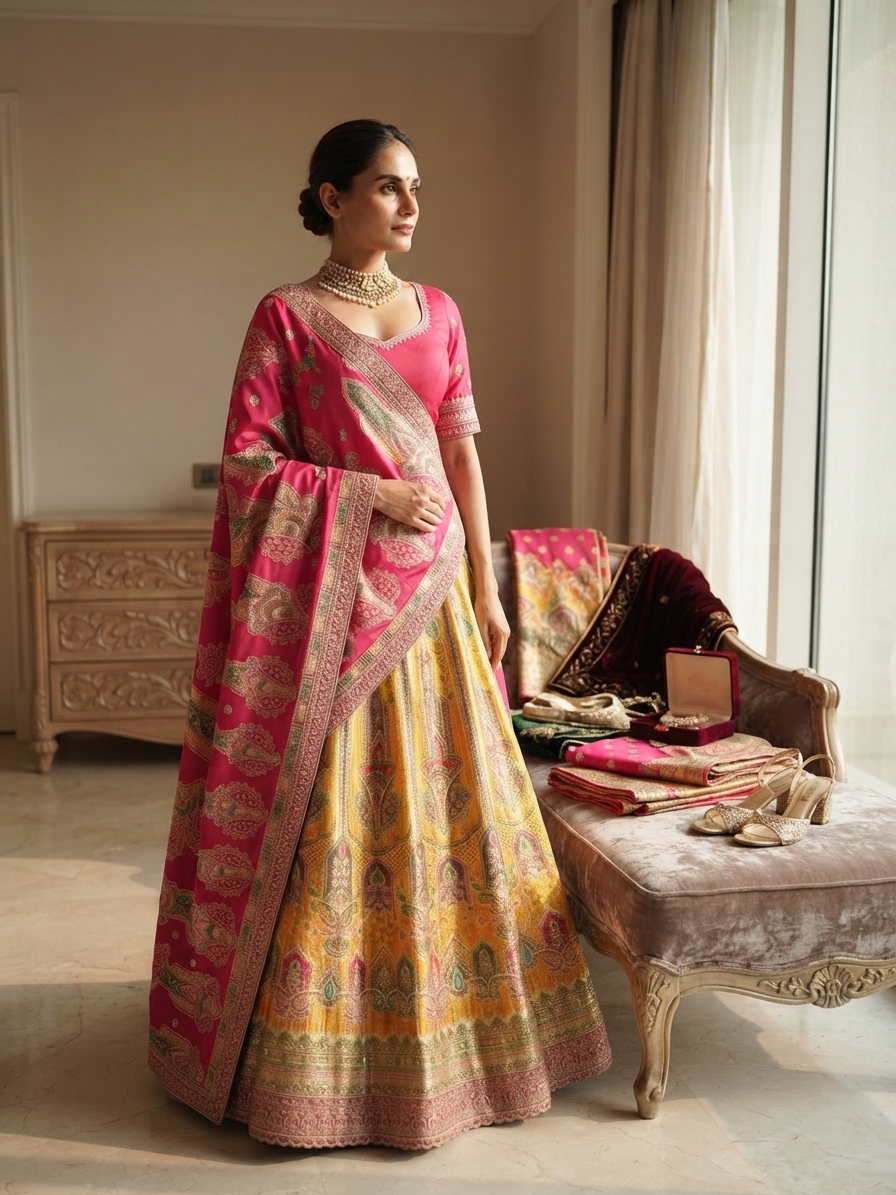 Rani Pink and Yellow Banarasi Silk Bridal Lehenga