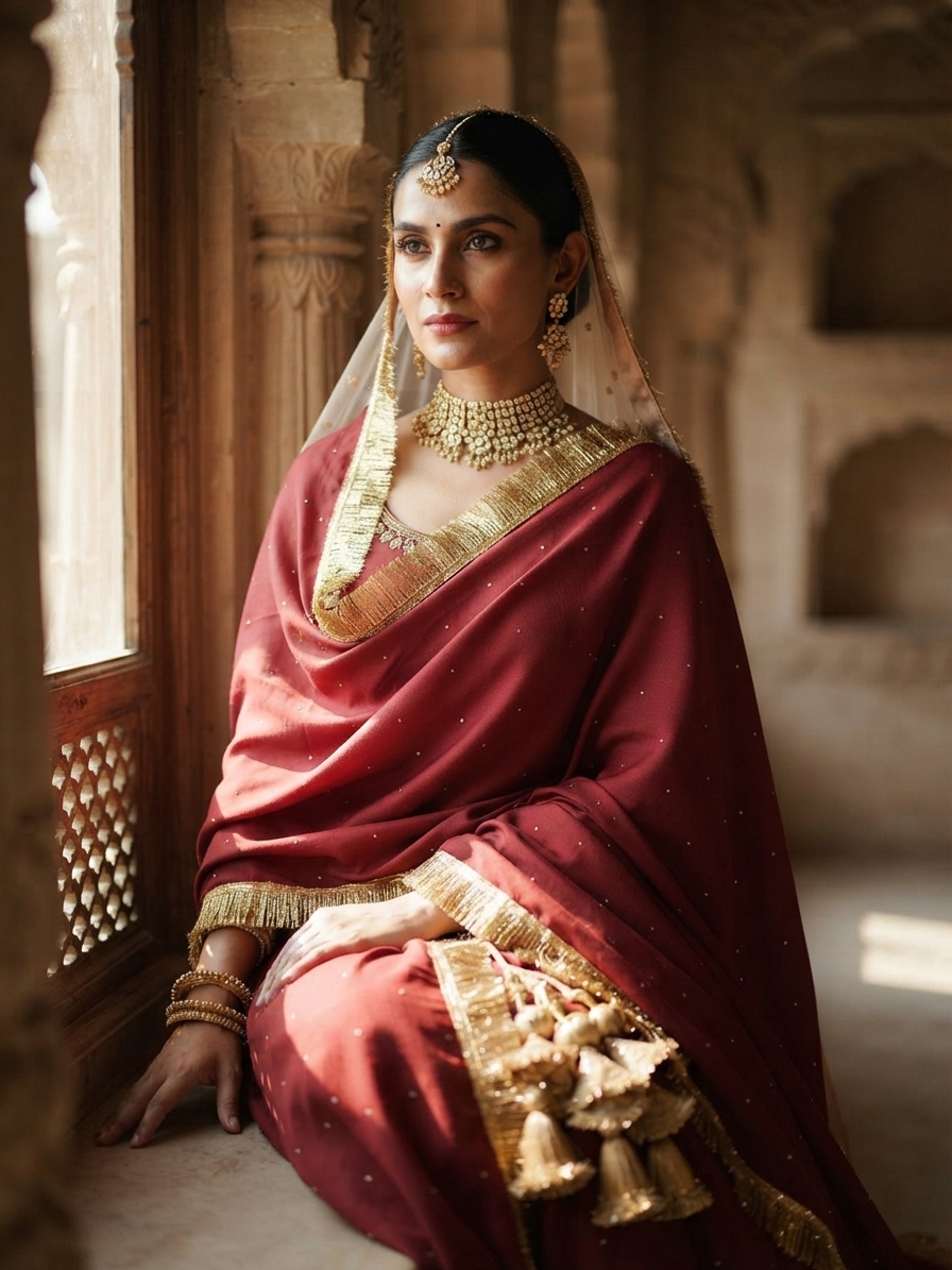 Maroon Pashmina Shawl with Gota Patti and Stone Work