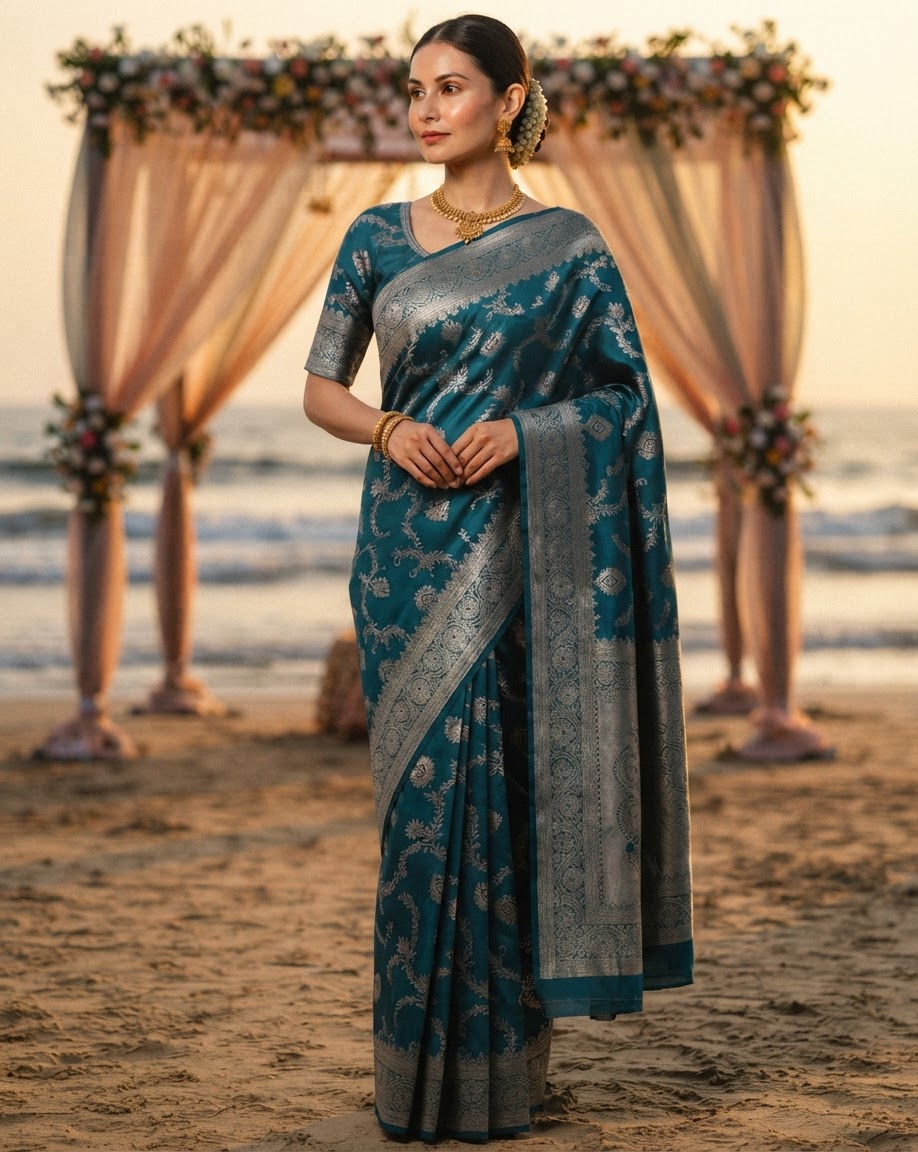 Teal Blue Banarasi Silk Saree with Silver Zari Floral Motifs