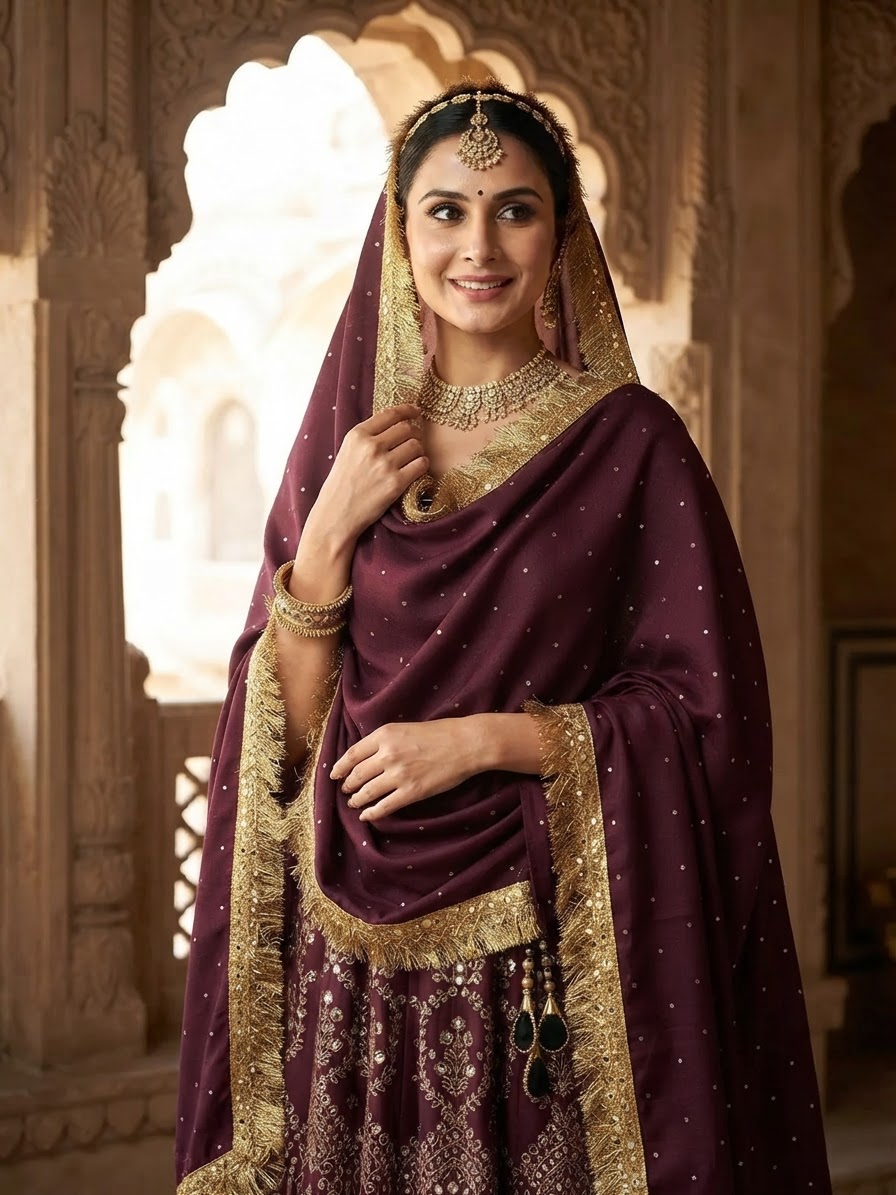 Wine Pashmina Shawl with Gold Embellishments