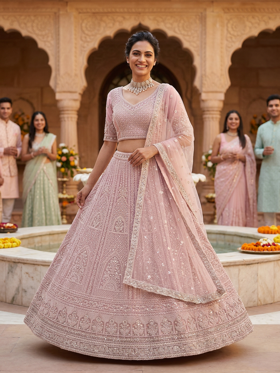 Pink Hand-Embellished Pearl & Sequin Net Bridal Lehenga Set