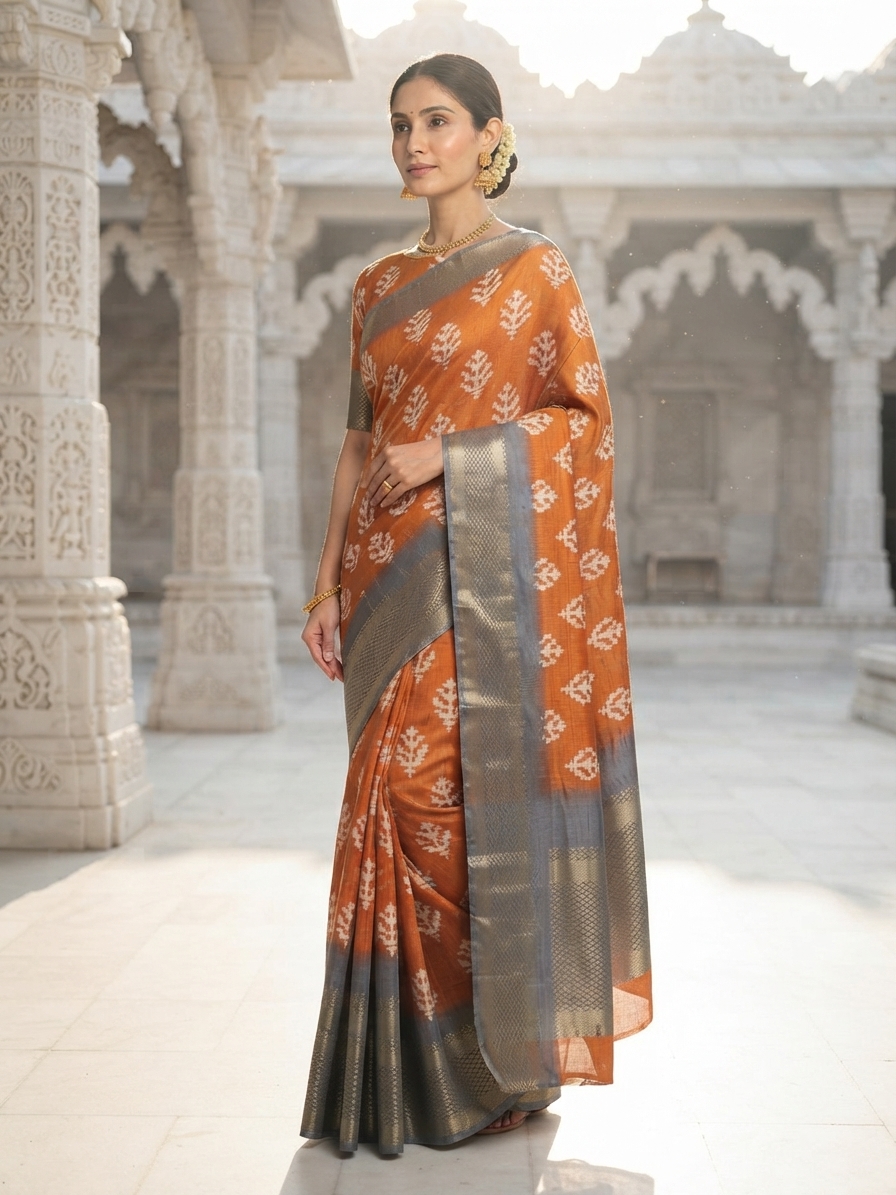 Orange Cotton Silk Printed Saree