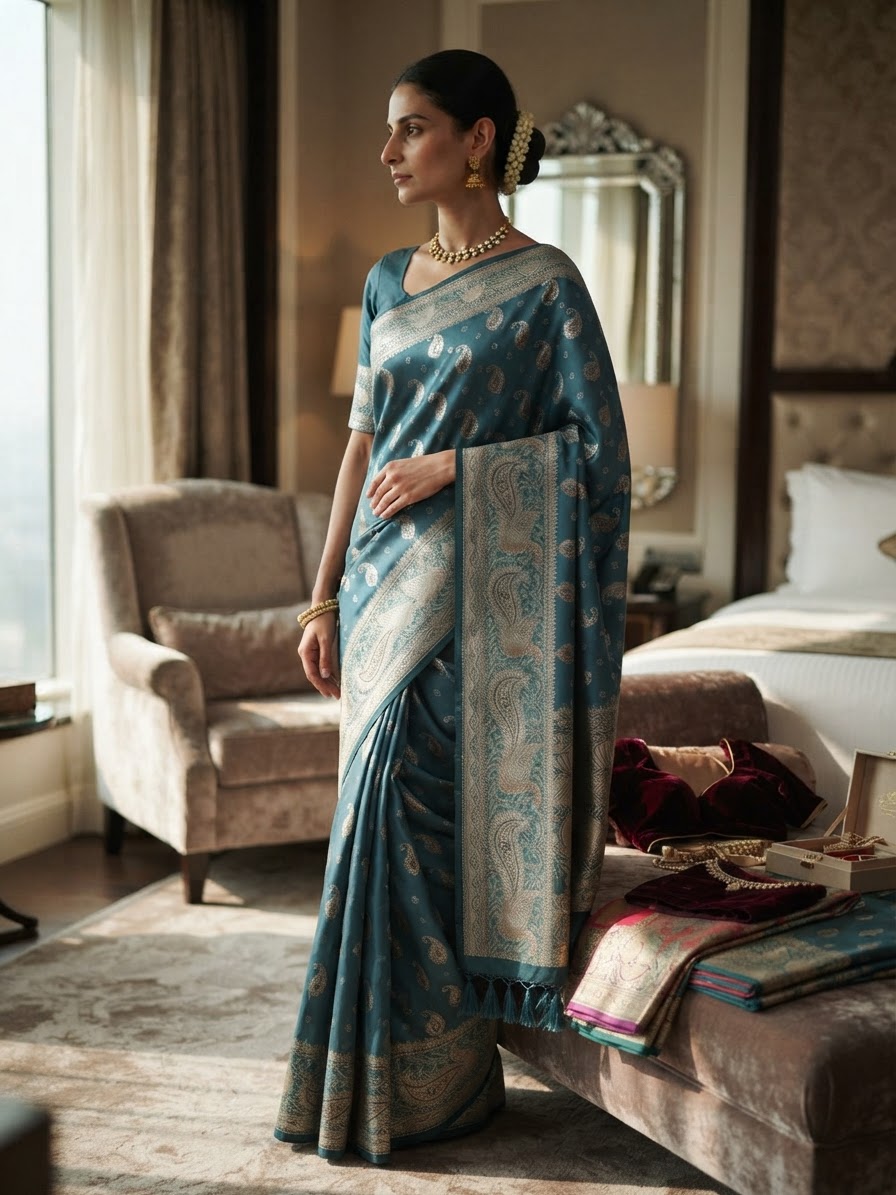 Blue Banarasi Silk Saree with Zari Work