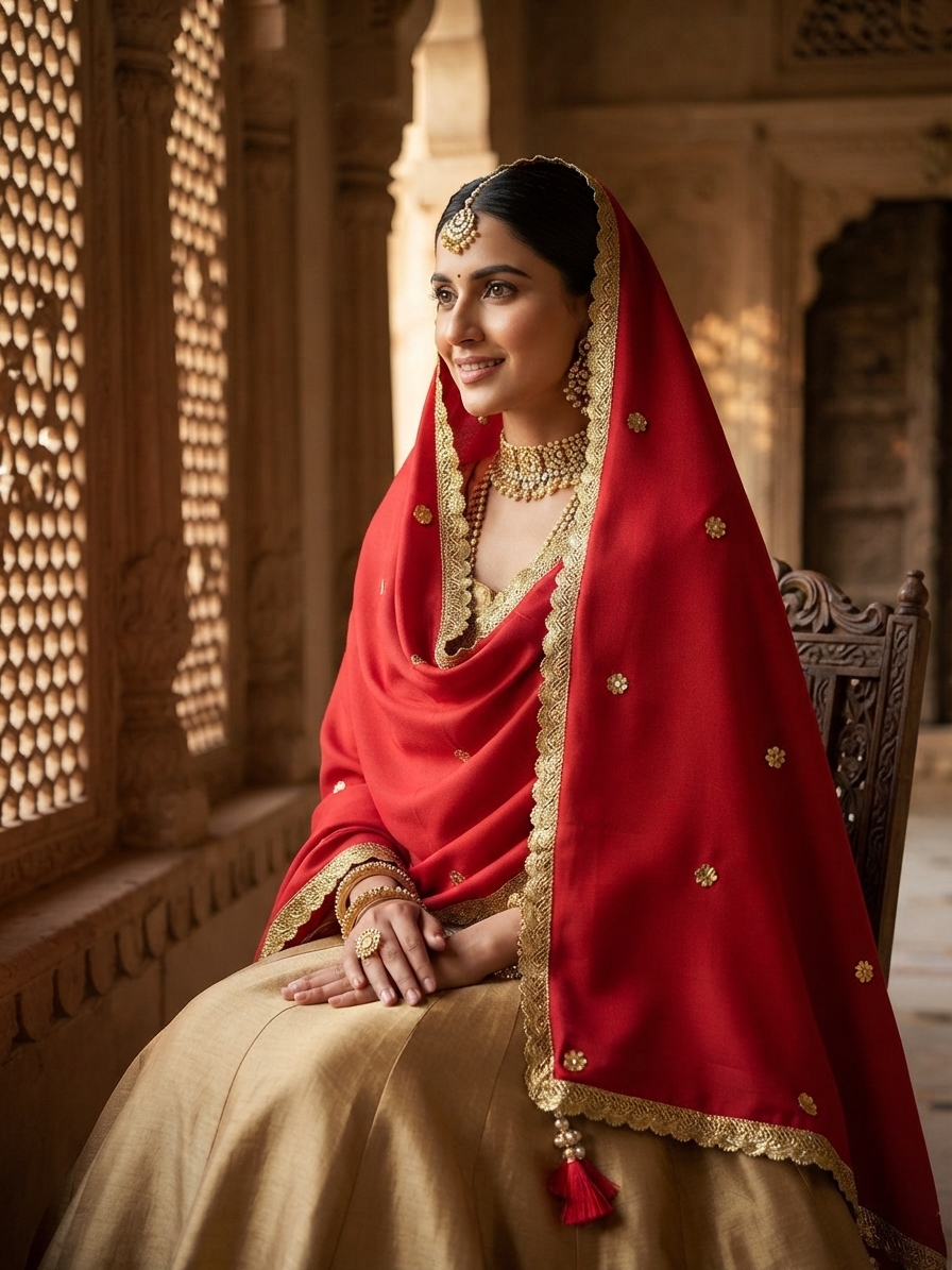 Red Pashmina Shawl with Gota Patti Work