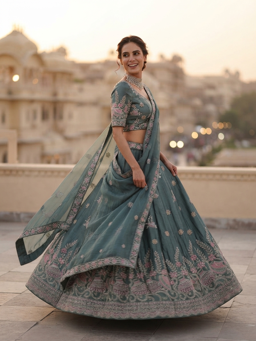 Deep Teal Tissue Lehenga Set with Floral Embroidery