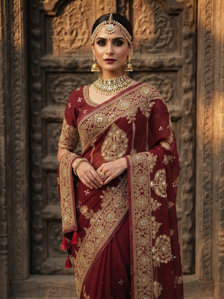 Maroon Georgette Bandhani Saree with Zardosi Work