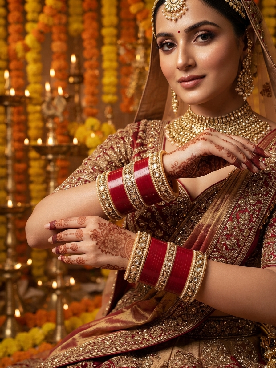 Red Seep Chura with Kundan and Pearl Detail