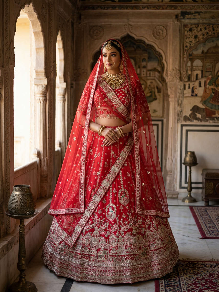 Deep Red Raw Silk Bridal Lehenga with Cutdana and Dabka Embroidery