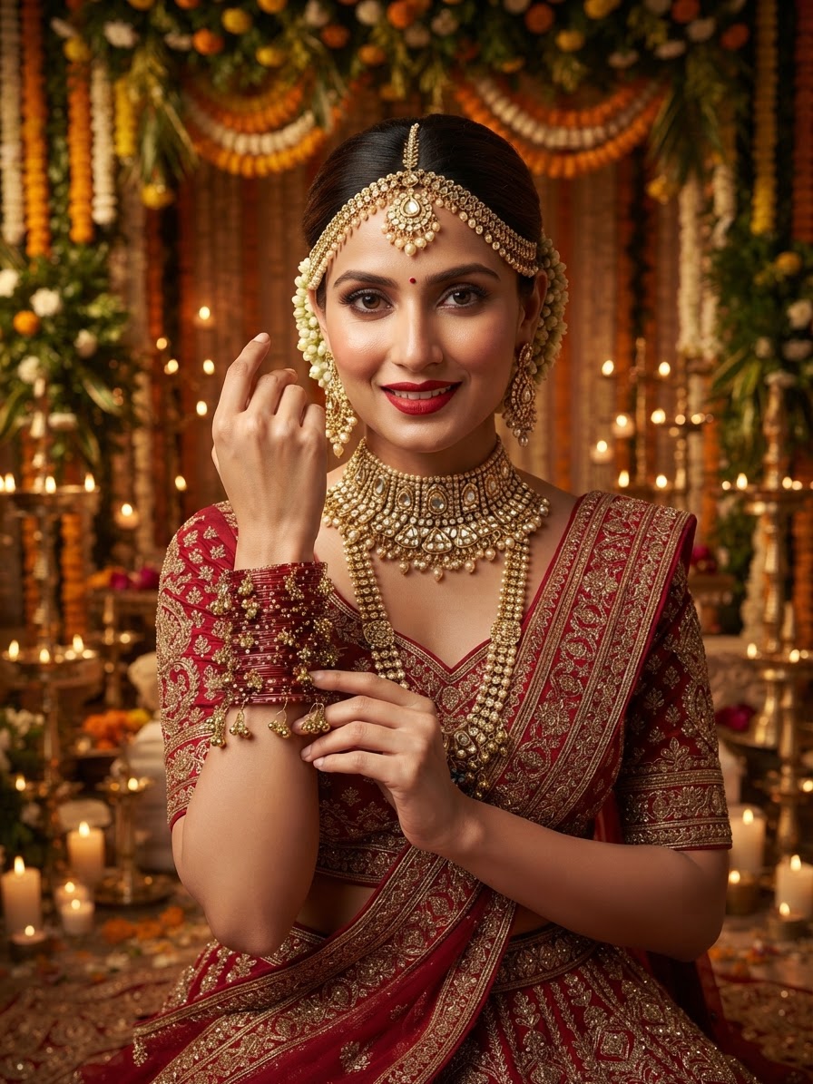 Red Glass Bangle Set with Dangling Gold Charms