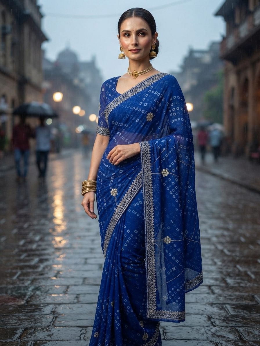 Blue Bandhani Georgette Saree with Mirror and Cutdana Work