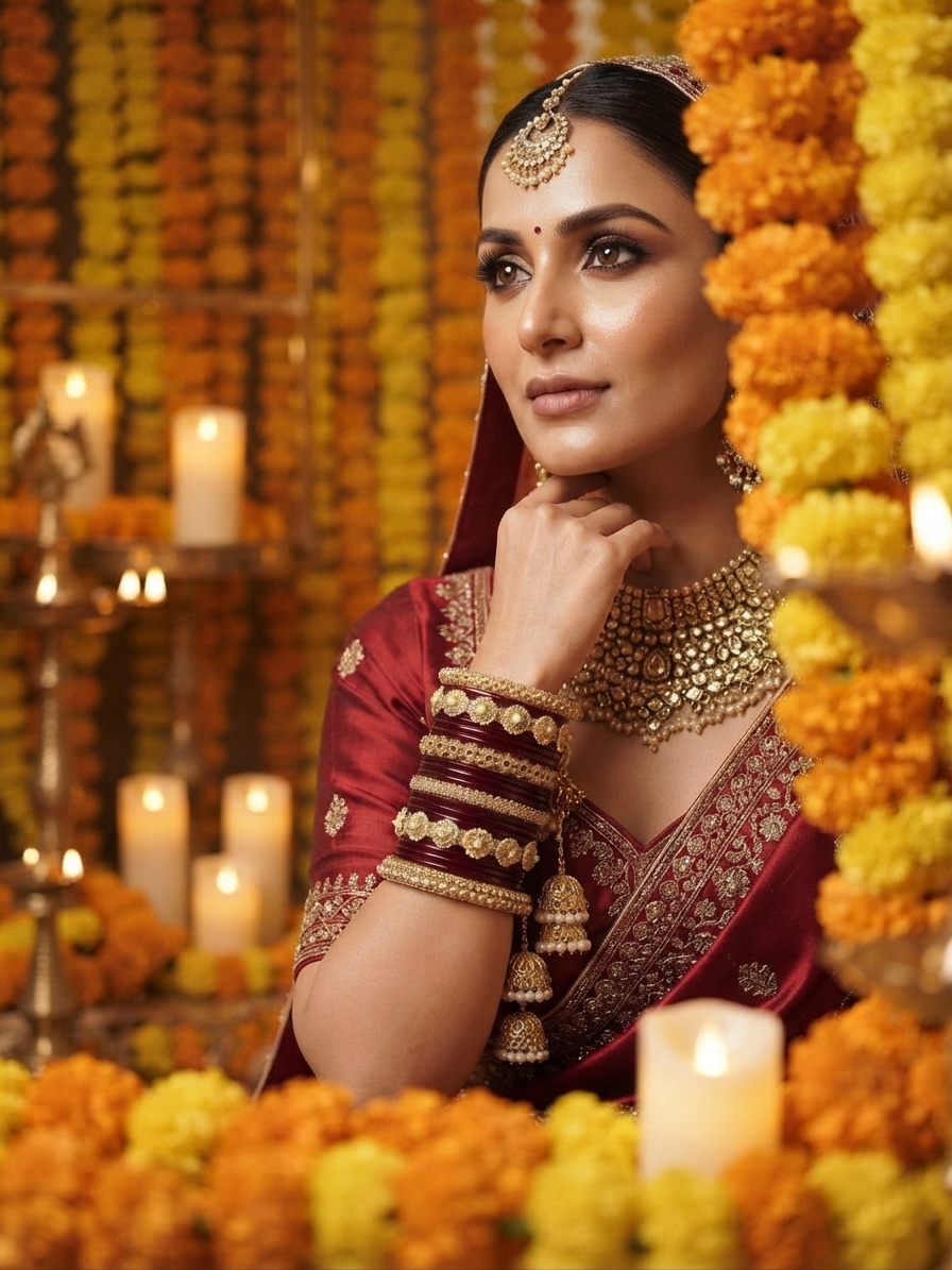 Maroon Lakh Chura Set with Gold Hanging Jhumki and Circular Motifs