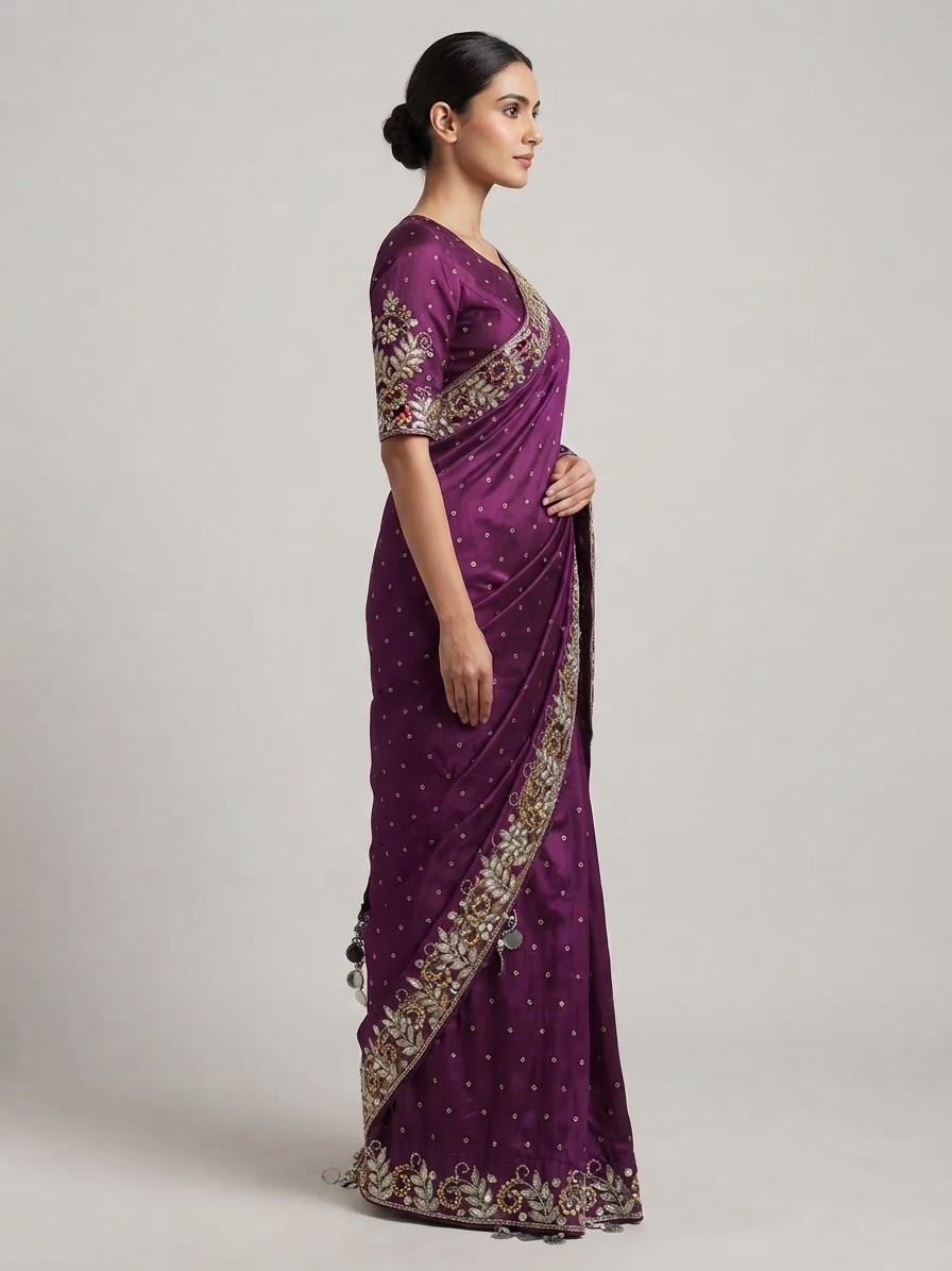 Wine Gajji Silk Bandhani Saree with Gota Patti