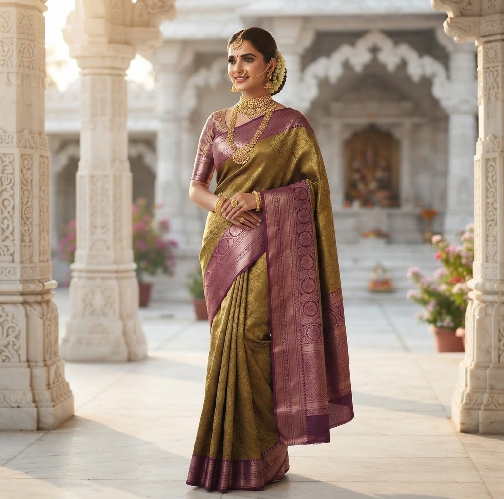 Olive and Wine Jacquard Silk Saree