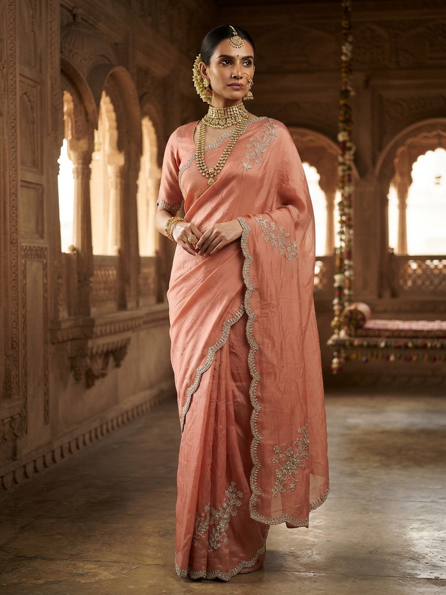 Peach Tissue Saree with Cutdana and Stone Work