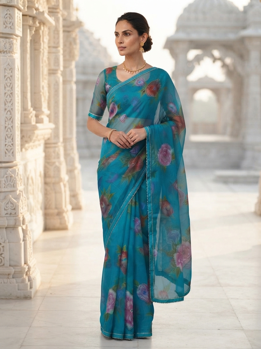 Blue Floral Chiffon Saree with Cutdana Work