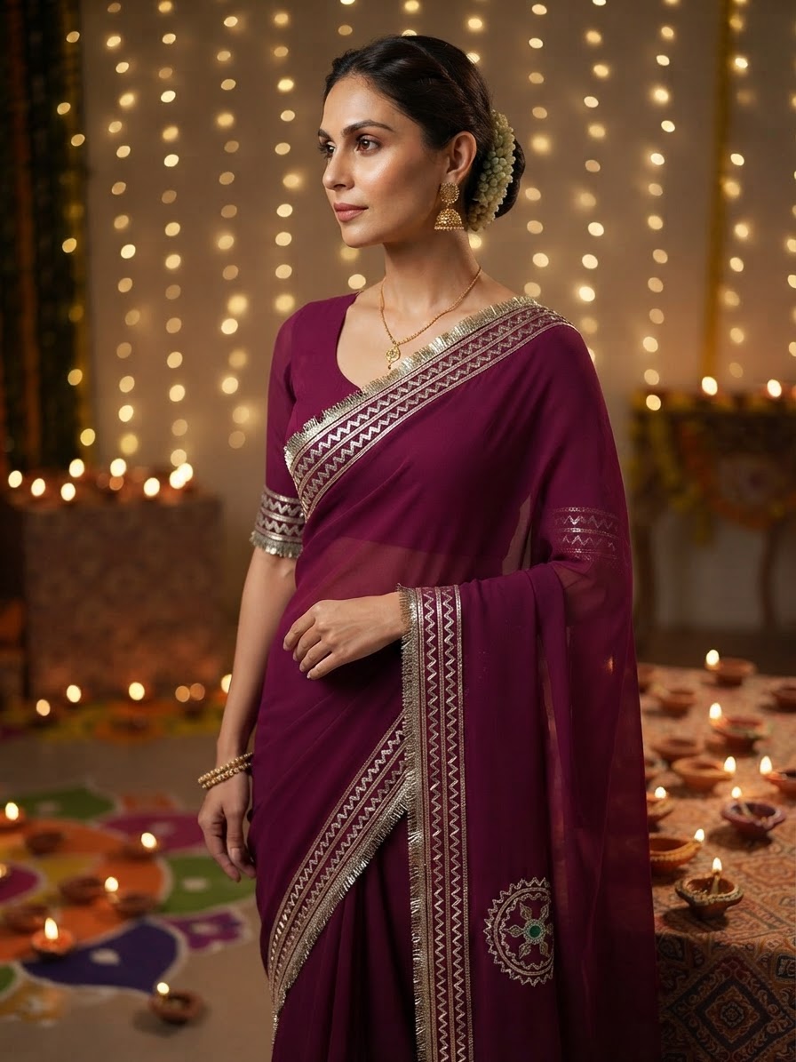 Wine Georgette Saree with Handcrafted Gota Patti Work