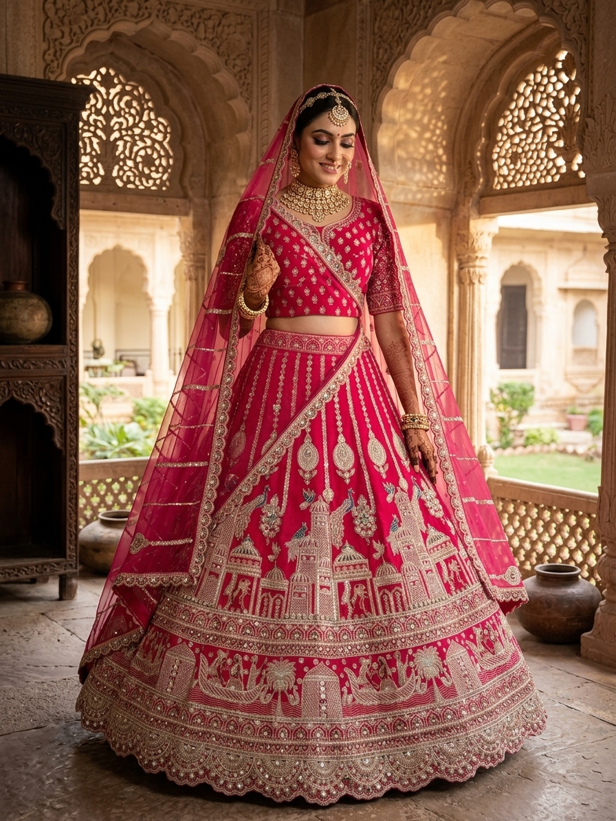 Rani Pink Hand-Embroidered Bridal Lehenga Set