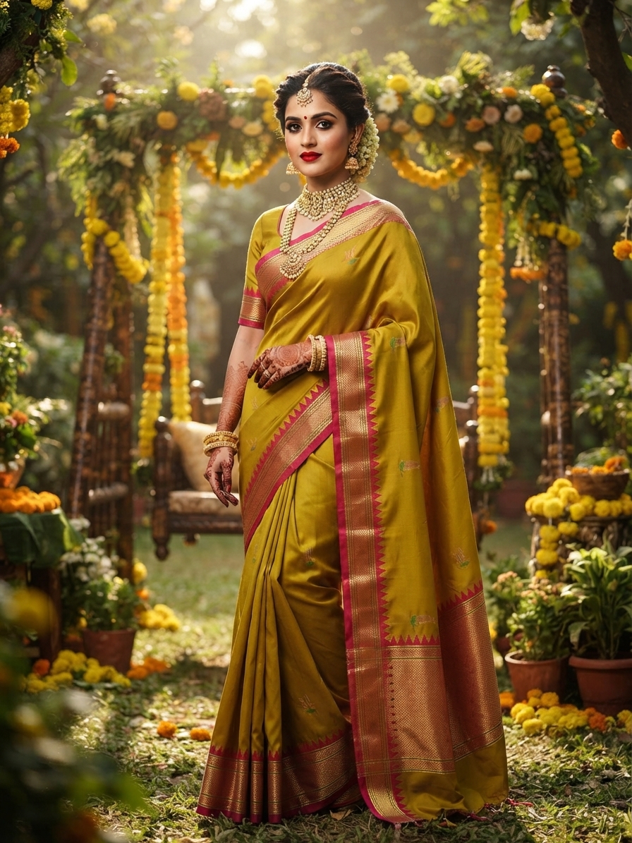 Mustard Yellow Silk Saree with Contrast Border