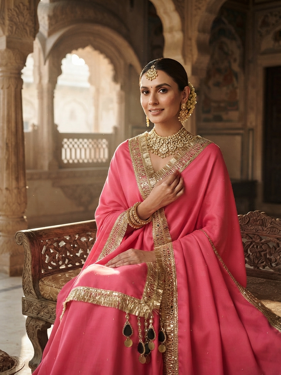 Vibrant Pink Pashmina Shawl With Gold Kundan Border