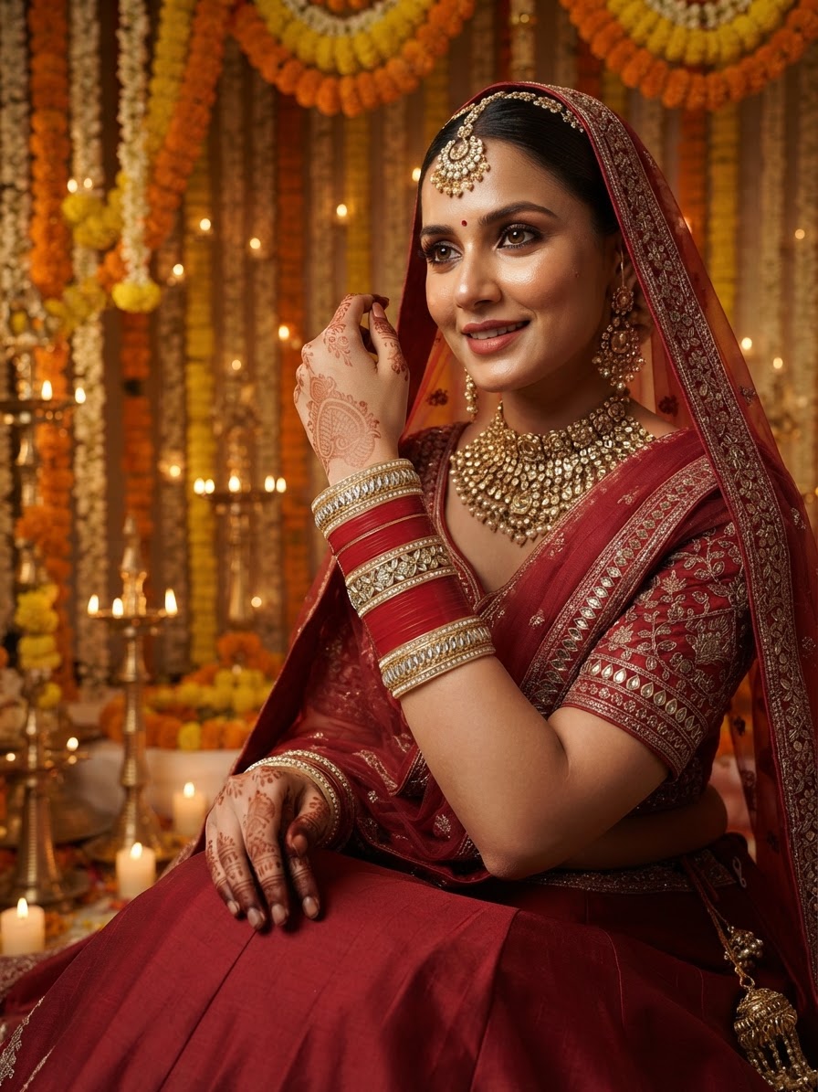 Red Silver-Tone Stone Pearl Seep Chura Bridal Bangle Set